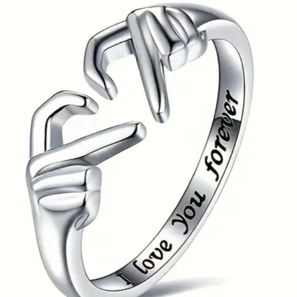 925 Sterling Silver Double Hands Heart Ring Love Hands Open Adjustable Ring - Picture 2 of 6